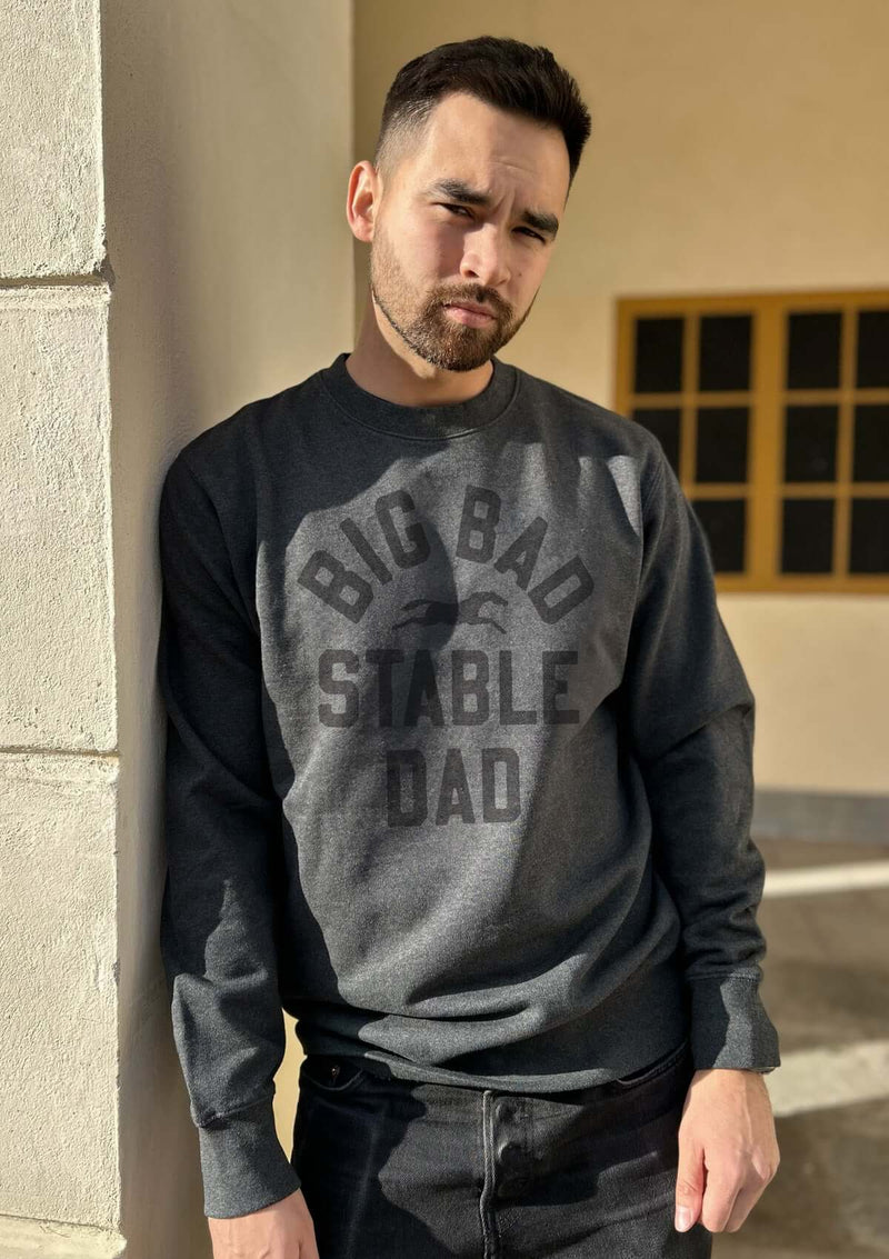 big bad stable dad print on a dark gray sweatshirt. cotton college