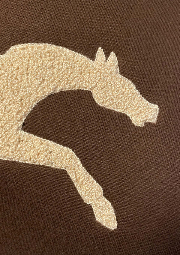 Choklad brun collegetröja med hästmotiv i chenillebrodyr
