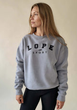 oversize grå college crewneck med broderad logotype i svart