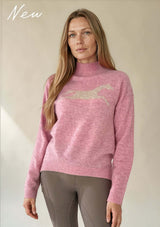 Lope wool polo knit tröja i 100 ull - Sommar Limited Edition.rosa sommar polo med häst motiv på bröstet i 100% ull