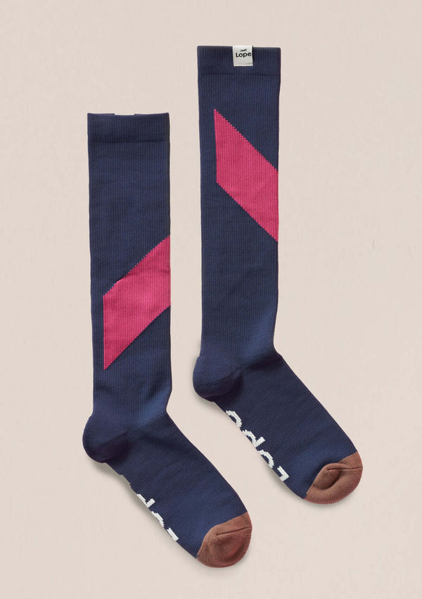 blå funktions rid strumpor med rosa & bruna detaljer